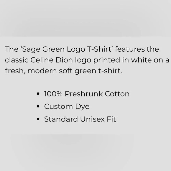 NWT CELINE DION OFFICIAL MERCH sage grn logo Cotton t-shirt unisex short sleeve - Picture 2 of 3